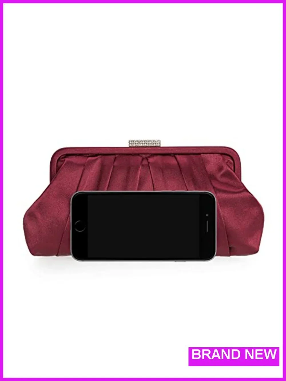 Pleated Satin Clutch Diamante Embellished Evening Bag with Chain Strap